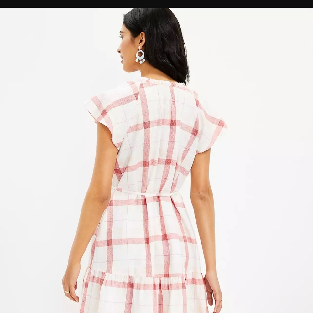 Anne Taylor Loft Plaid Flutter Tie Neck Dress NWT size L